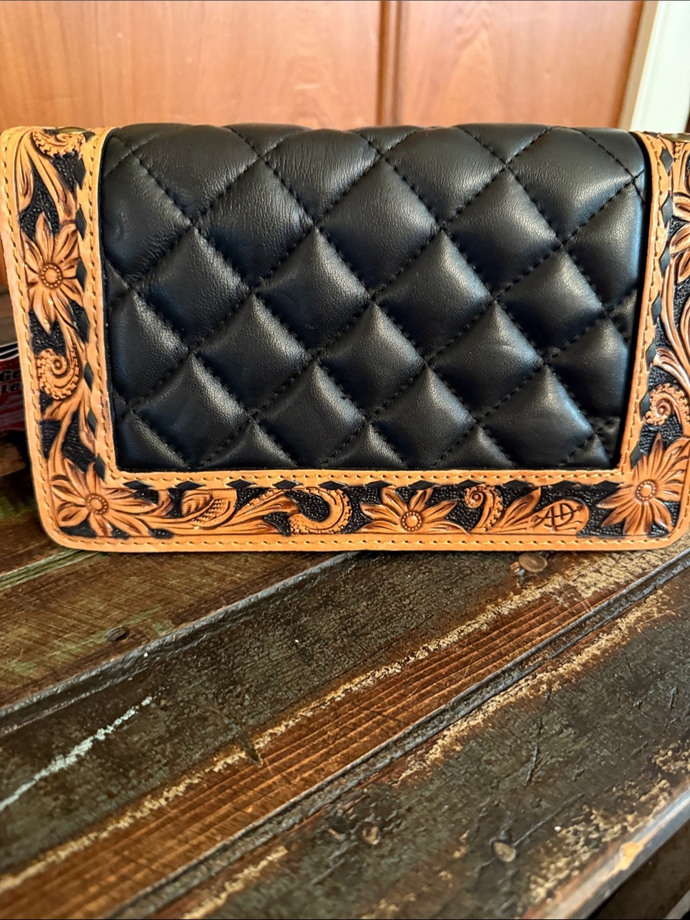 American Darling Black Quilted Wallet with Tan Hand-Tooled Floral Trim - Picture 5 of 10